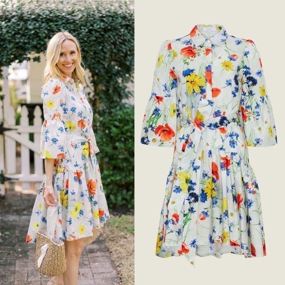 Pearl Lela Rose‎ Dress Floral Poplin Flounce Hem Shirtdress Blue Multi XS GUC
